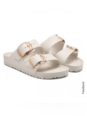 Birkenstock White Double-Buckle EVA Slide Sandals with Gold Buckles